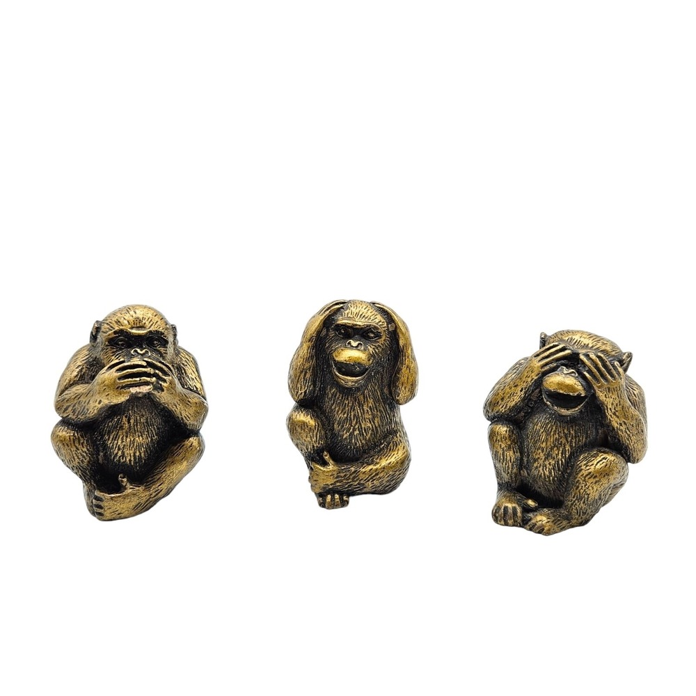 3 Wise Monkeys See Hear & Speak No Evil Gold Tone Figurine Buddhist Principle 3"
